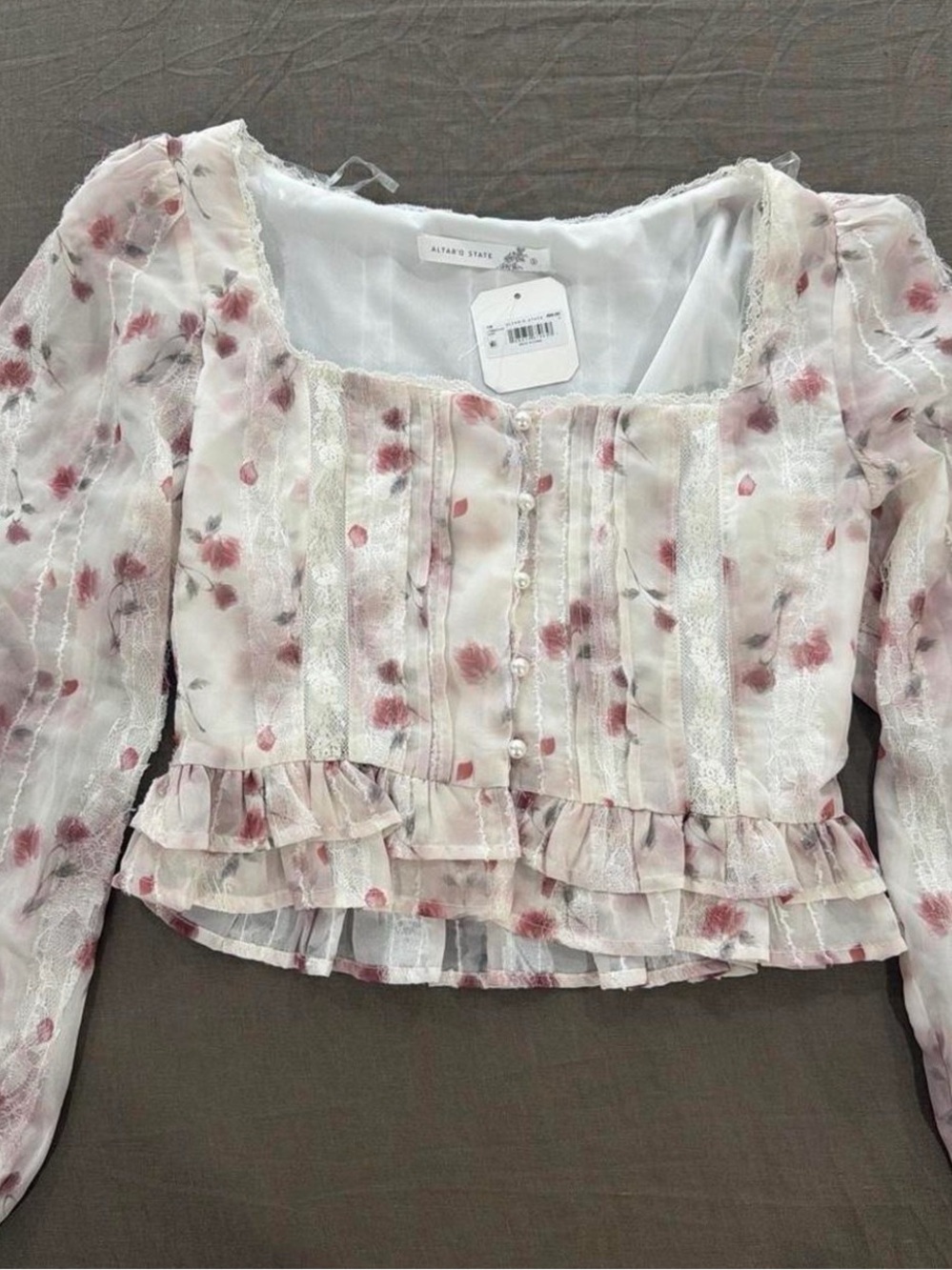 Altar'd State Blush Pink Floral Lace Ruffle Blouse